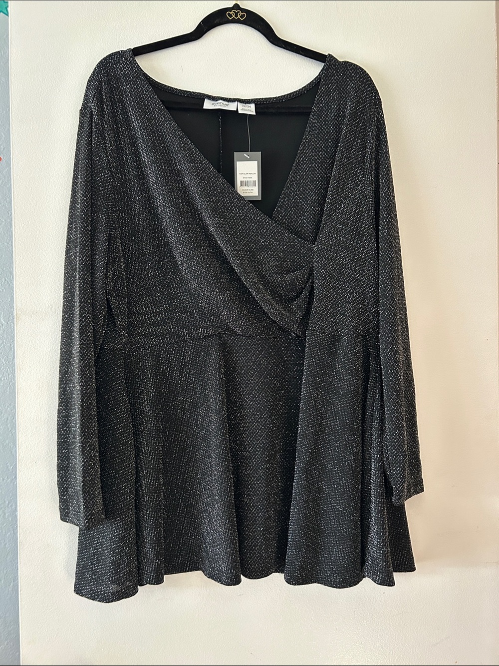 Avenue Shimmery Black Metallic Wrap Peplum Tunic